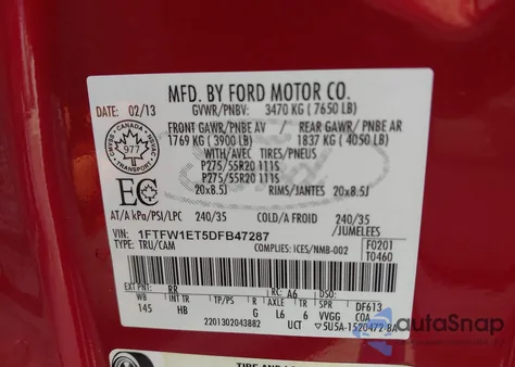 2013 Ford F-150 Lariat z USA, uszkodzony, nr VIN 1FTFW1ET5DFB47287